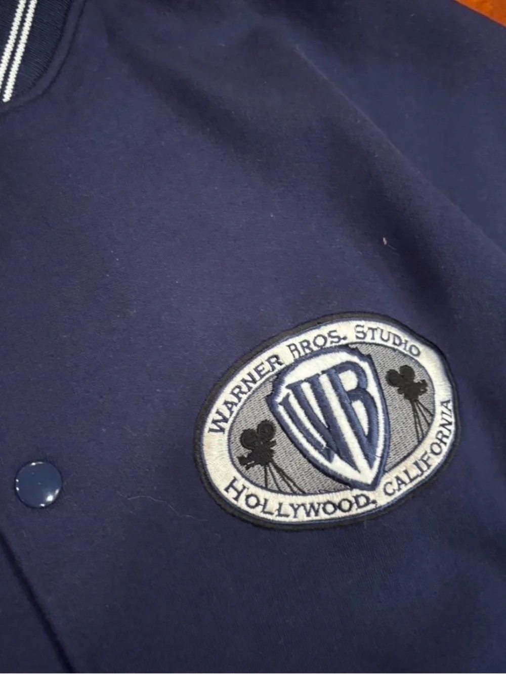 Warner Bros. Navy Blue Varsity Bomber Jacket with Stripe Trim